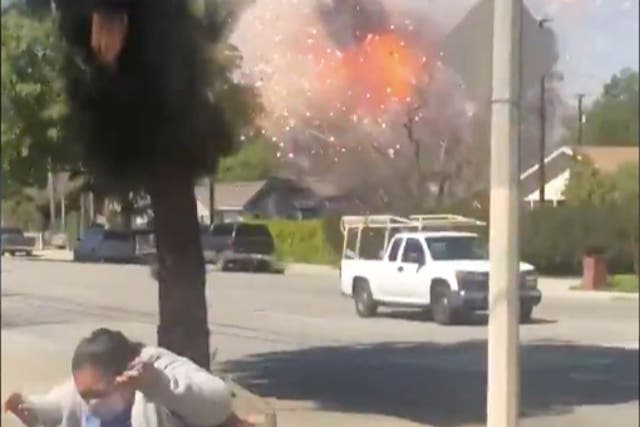 <p>A video shows powerful explosion in Ontario, California after which two people died and several houses were evacuated</p>