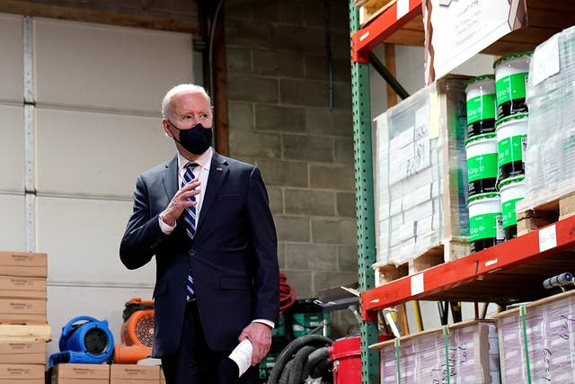 <p>President Biden promotes the American Rescue Plan during a visit to a small business in Chester, Pennsylvania, on Tuesday</p>