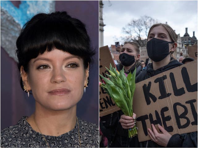Lily Allen (left) and protesters objecting to the government’s new policing bill (right)