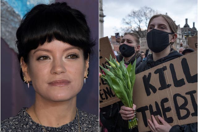 Lily Allen (left) and protesters objecting to the government’s new policing bill (right)