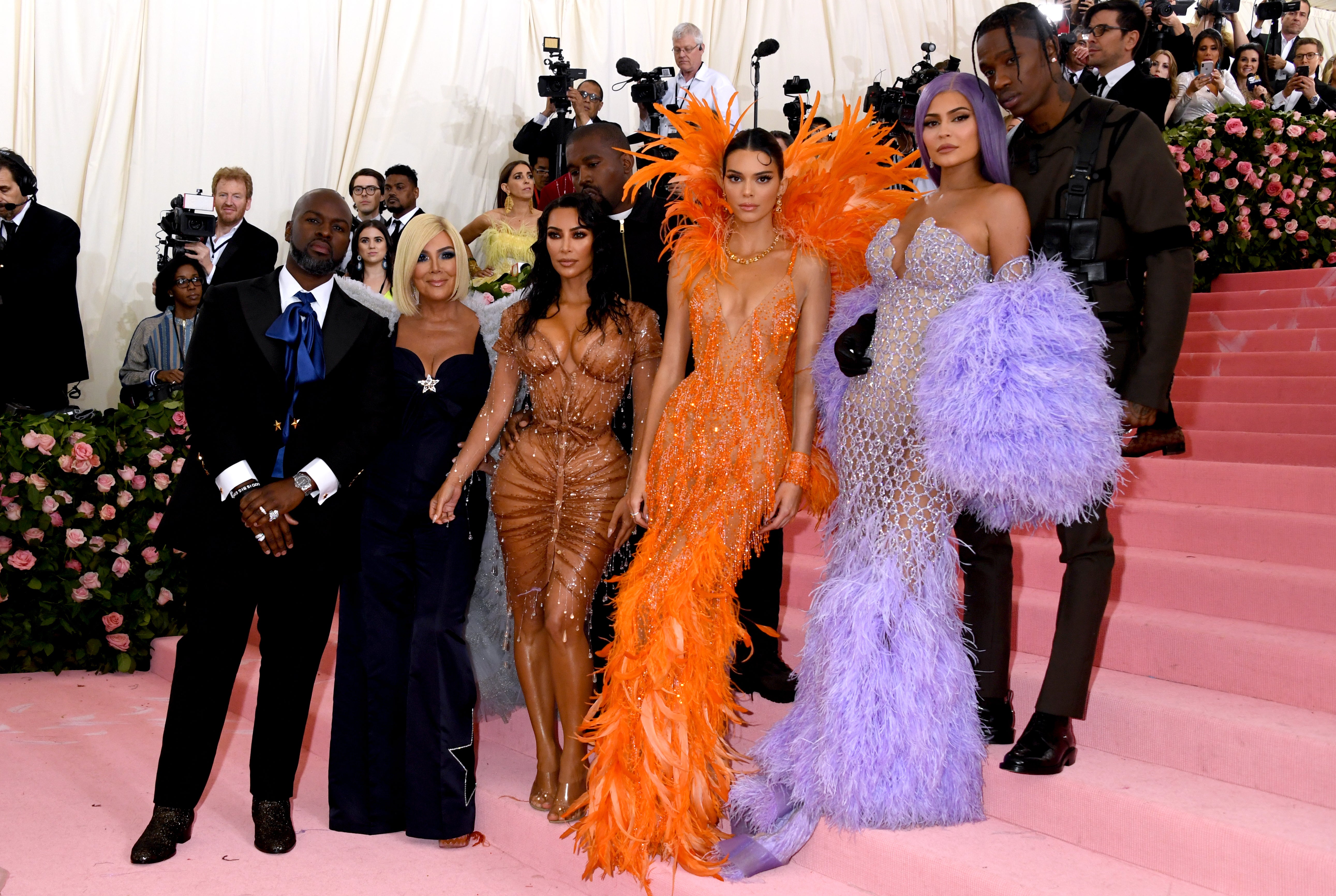 (Left to right) Corey Gamble, Kris Jenner, Kim Kardashian-West, Kanye West, Kendall Jenner, Kylie Jenner and Travis Scott attending the Metropolitan Museum of Art Costume Institute Benefit Gala 2019 in New York, USA