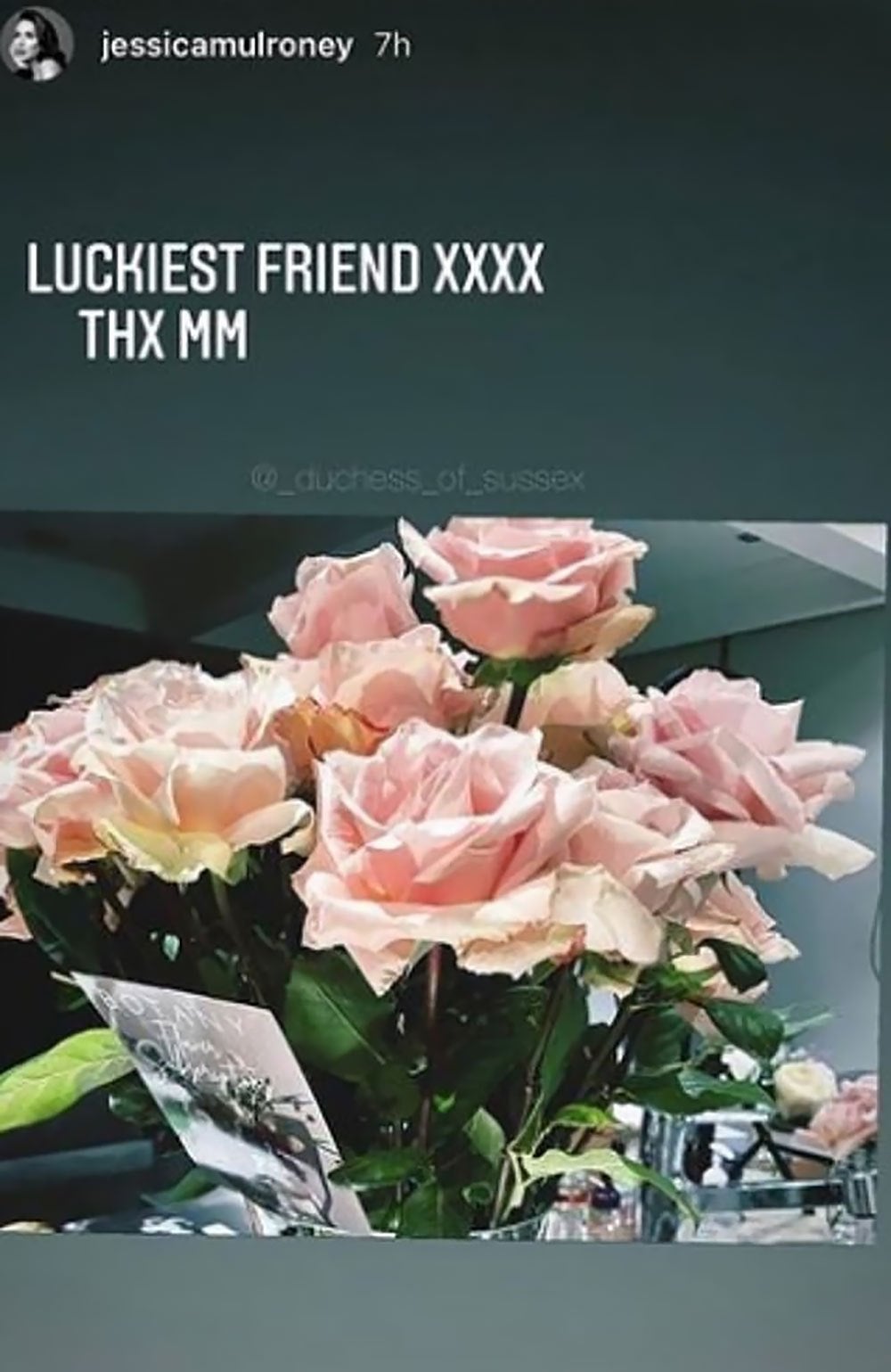 Screenshot of Jessica Mulroney’s Instagram story on Sunday featuring pink roses allegedly sent by her friend Meghan Markle