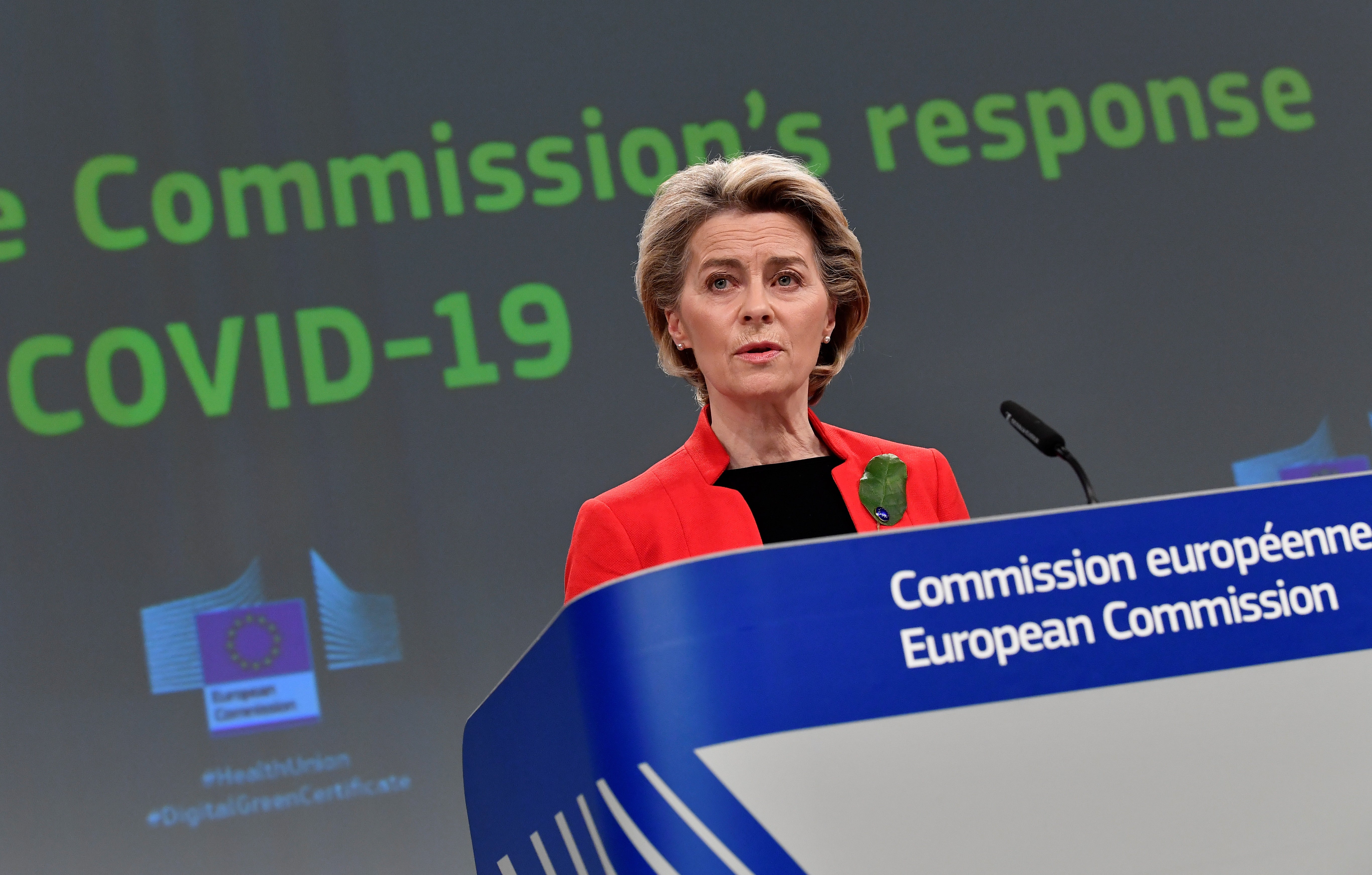 Ursula von der Leyen at a press conference following a college meeting to introduce draft legislation on a common EU Covid-19 vaccination certificate, in Brussels on 17 March