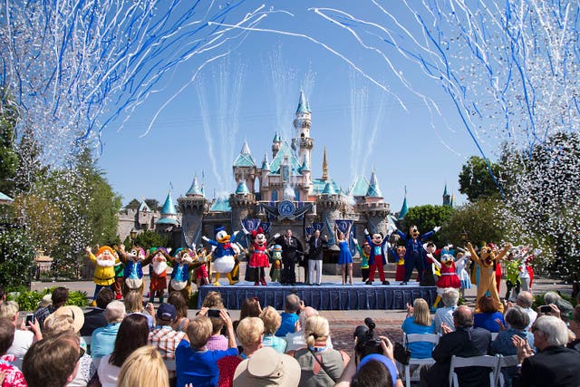 <p>Mickey Mouse and his friends celebrate the 60th anniversary of Disneyland park during a ceremony at Sleeping Beauty Castle featuring Academy Award-winning composer, Richard Sherman and Broadway actress and singer Ashley Brown July 17, 2015 in Anaheim, California. </p>