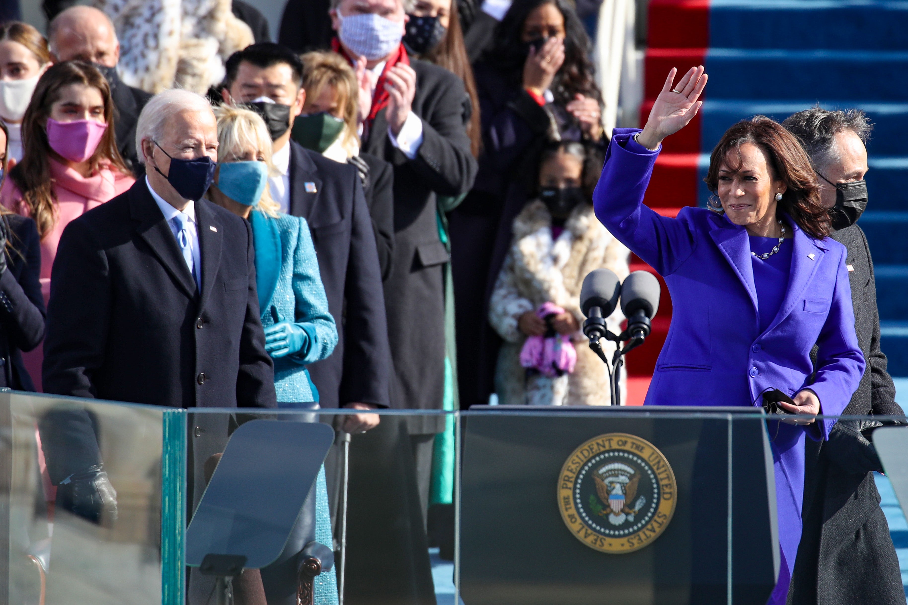Newly sworn in Vice President Kamala Harris waves to the crowd during the inauguration of U.S. President-elect Joe Biden on the West Front of the U.S. Capitol on January 20, 2021 in Washington, DC.