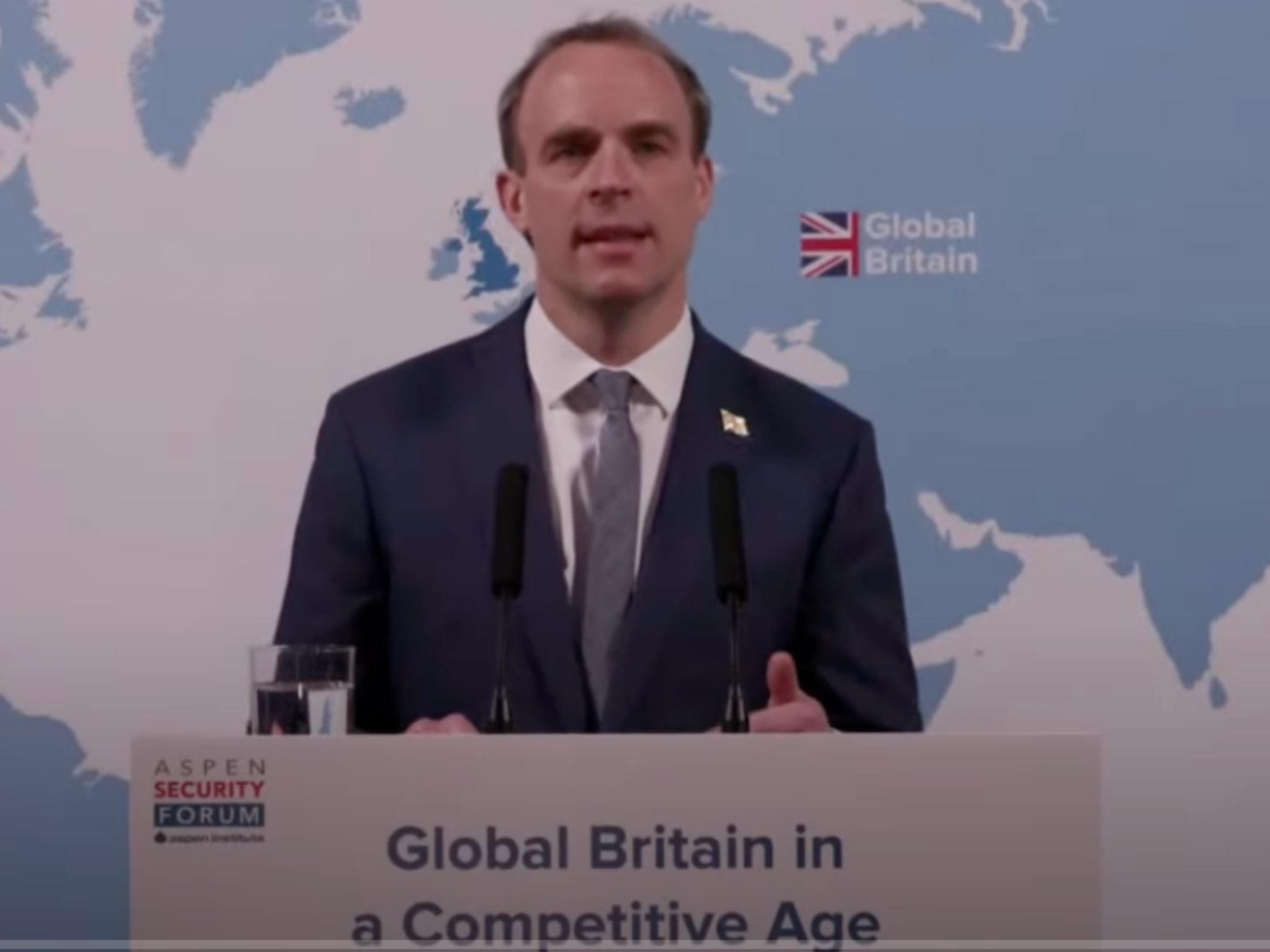 Foreign secretary Dominic Raab gives a speech at the Aspen Security Conference on Wednesday, setting out out how Global Britain will act as a force for good in today’s world