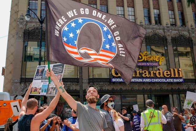 <p>Conspiracy theorist QAnon demonstrators protest child trafficking on Hollywood Boulevard in Los Angeles, California, on 22 August 2020</p>