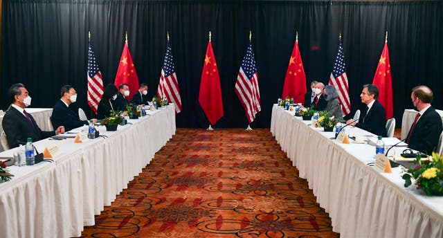<p>Antony Blinken, the US secretary of state, joined by national security adviser Jake Sullivan, speaks while facing Yang Jiechi, director of the Central Foreign Affairs Commission Office, and Wang Yi, China’s foreign minister, at the opening session of US-China talks at the Captain Cook Hotel in Anchorage, Alaska, on 18 March 2021</p>