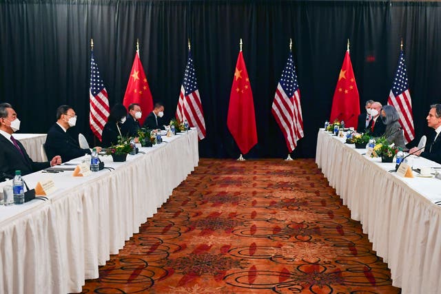 <p>Antony Blinken, the US secretary of state, joined by national security adviser Jake Sullivan, speaks while facing Yang Jiechi, director of the Central Foreign Affairs Commission Office, and Wang Yi, China’s foreign minister, at the opening session of US-China talks at the Captain Cook Hotel in Anchorage, Alaska, on 18 March 2021</p>