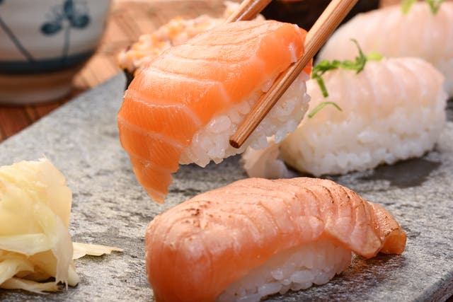 <p>File: Salmon sushi at a restaurant</p>