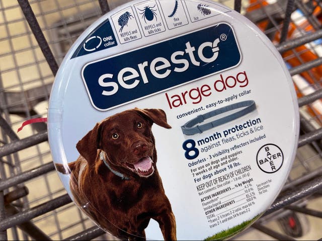 <p>In this photo illustration, Seresto pet collars are offered for sale at a retail store on 03 March 2021 in Chicago, Illinois</p>