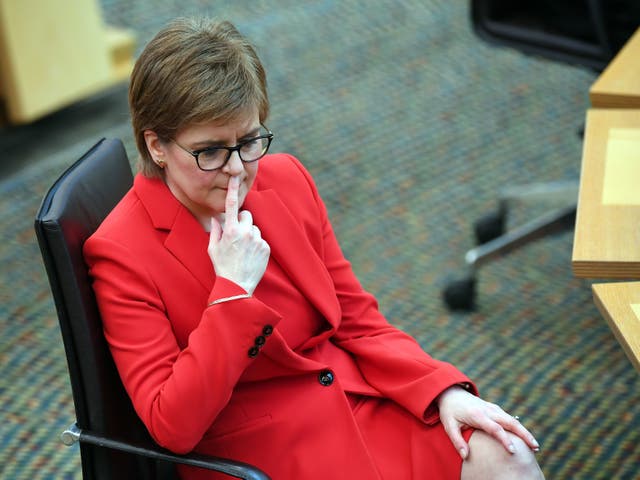 <p>Nicola Sturgeon during First Minister’s Questions at the Scottish Parliament in Holyrood, on Thursday</p>