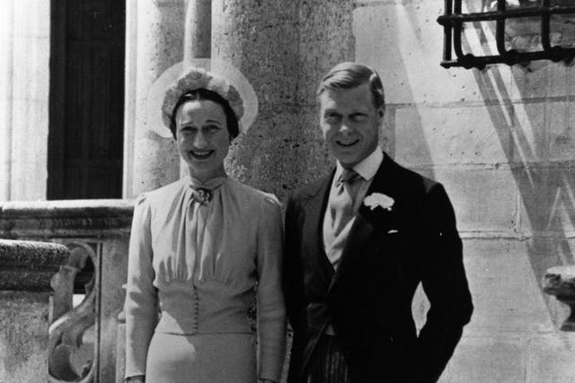 <p>Duke of Windsor and Mrs Wallis Simpson on their wedding day at Chateau de Conde, France.</p>