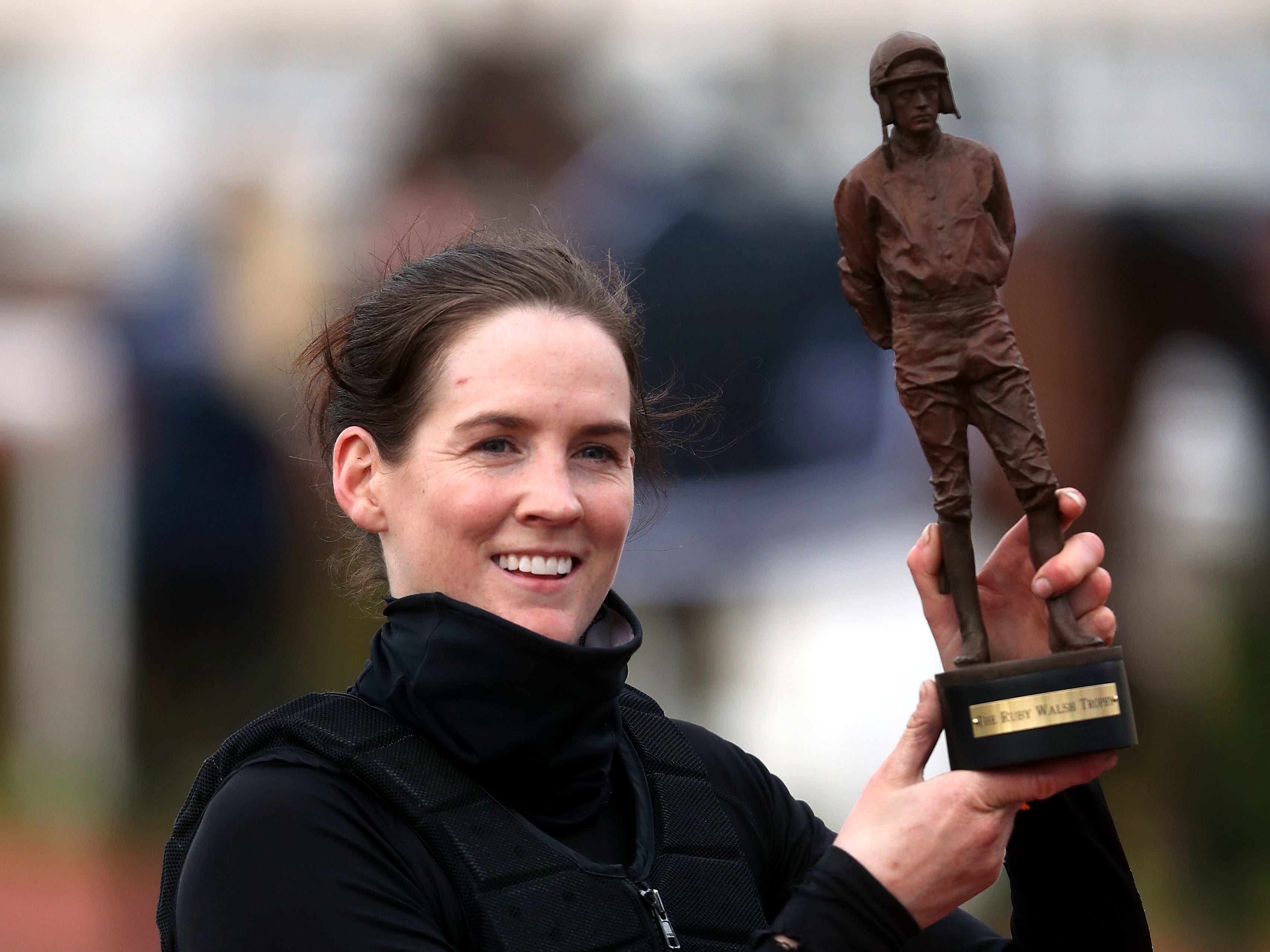 Rachael Blackmore celebrates with the Ruby Walsh Trophy as Cheltenham’s top jockey