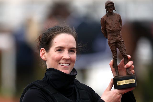 Rachael Blackmore celebrates with the Ruby Walsh Trophy as Cheltenham’s top jockey