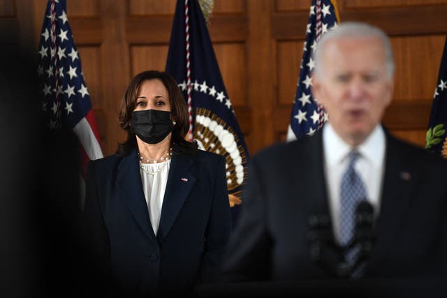 <p>US President Joe Biden (R) and US Vice President Kamala Harris arrive at Dobbins Air Reserve Base in Marietta, Georgia, on March 19, 2021. - Biden and Harris travel to Atlanta, Georgia, to tour the Centers for Disease Control and Prevention, and to meet with Georgia Asian American leaders, following the Atlanta Spa shootings. </p>