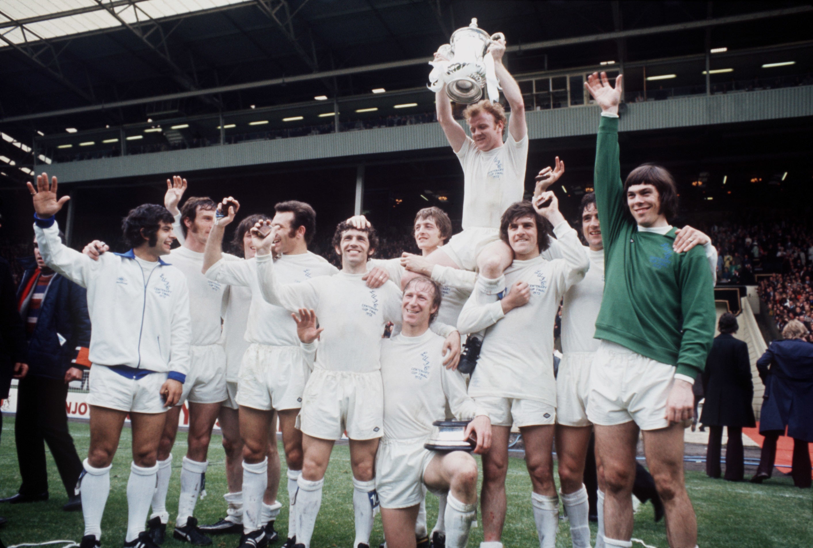 Lorimer pictured third from right, lifting Billy Bremner on his shoulder after winning the 1972 FA Cup