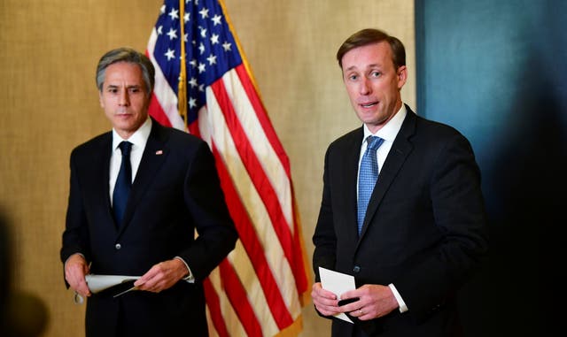 <p>Antony Blinken (left) and Jake Sullivan address the media following talks between the US and China in Anchorage, Alaska</p>