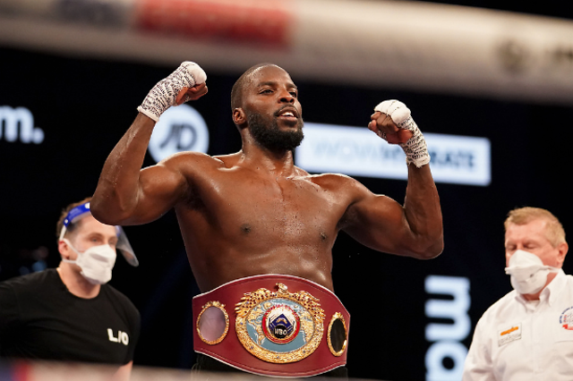 <p>Lawerence Okolie celebrates beating Krzysztof Glowacki for the WBO crusierweight world title</p>