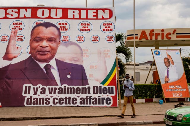 <p>Election advertising for President Sassou Nguesso (left) and opposition candidate Guy Brice Parfair Kotelas (right)</p>