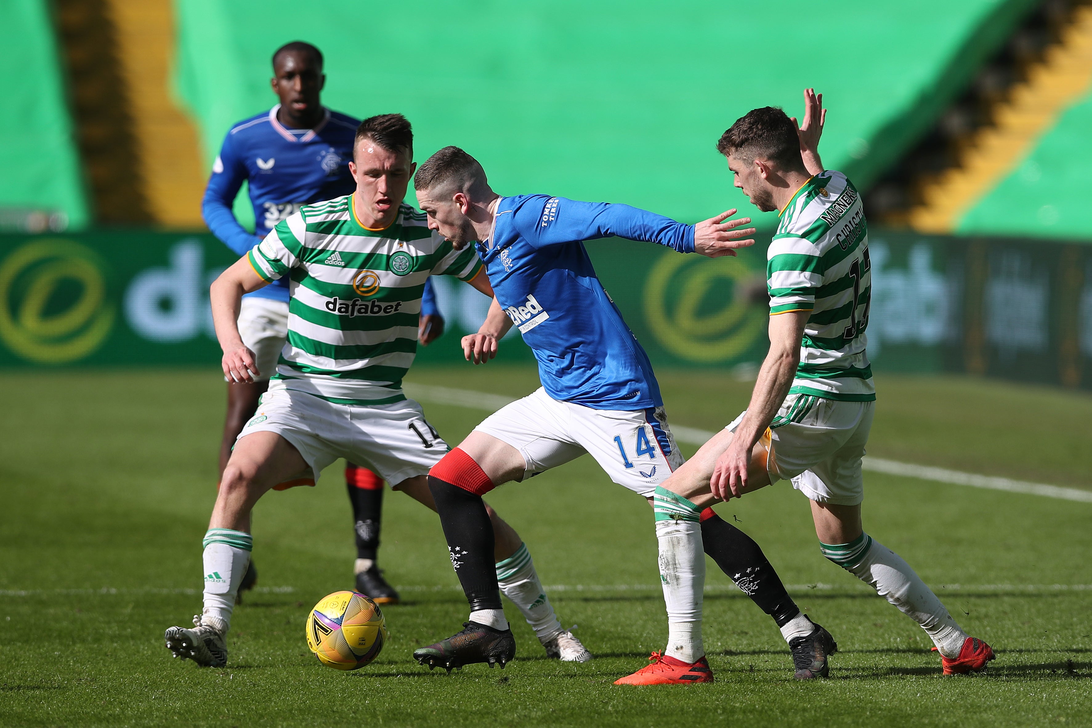 David Turnbull and Ryan Christie combine to challenge Ryan Kent