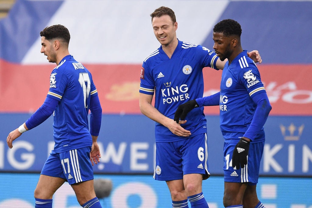 Leicester celebrate scoring against Man United
