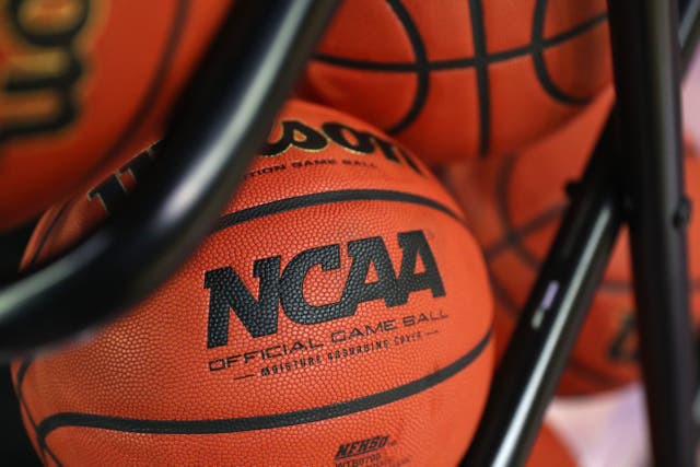 <p>An official game ball is seen before the game between the Oral Roberts Golden Eagles and the Florida Gators in the second round game of the 2021 NCAA Men's Basketball Tournament at Indiana Farmers Coliseum on March 21, 2021 in Indianapolis, Indiana. </p>