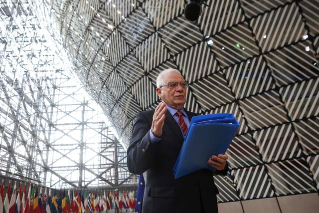 <p>European Union foreign policy chief Josep Borrell speaks to the media prior to a meeting of the European Foreign Affairs Ministers, at the European Council headquarters in Brussels, Monday</p>