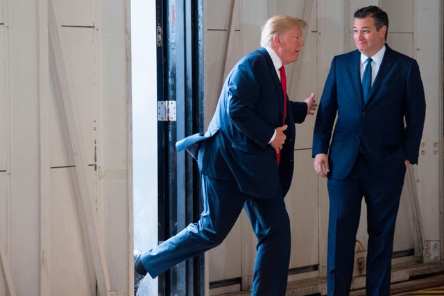 Ted Cruz  greets Donald Trump at Ellington Field Joint Reserve Base in Houston, Texas on May 31, 2018.