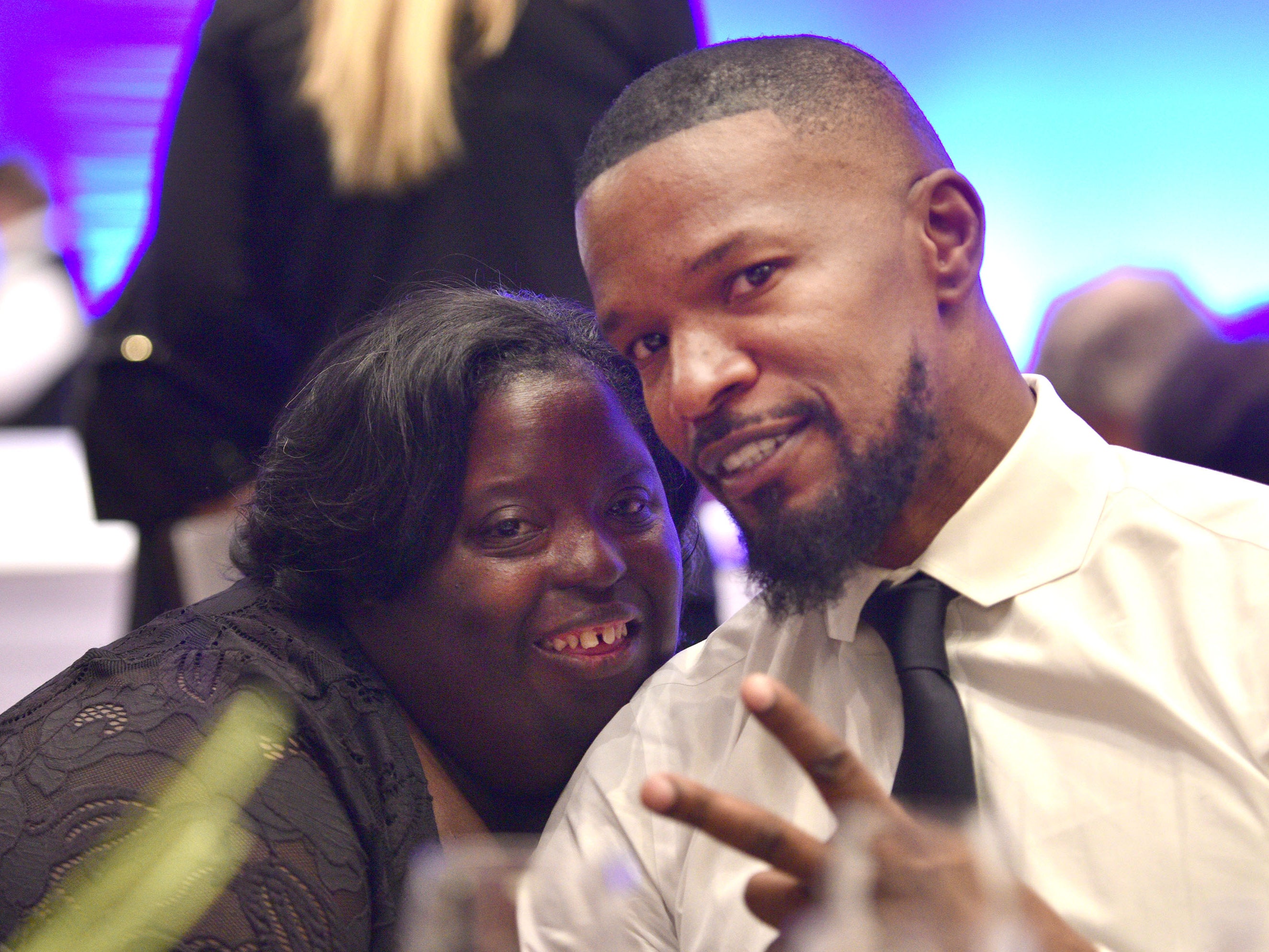 DeOndra Dixon with Jamie Foxx at the Global Down Syndrome Foundation’s ninth annual Be Beautiful Be Yourself Fashion Show on 11 November 2017 in Denver, Colorado