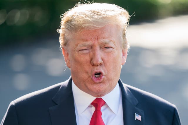 <p>Donald J Trump speaks to the media as he departs the White House for Colorado in Washington, DC, on 30 May 2019</p>