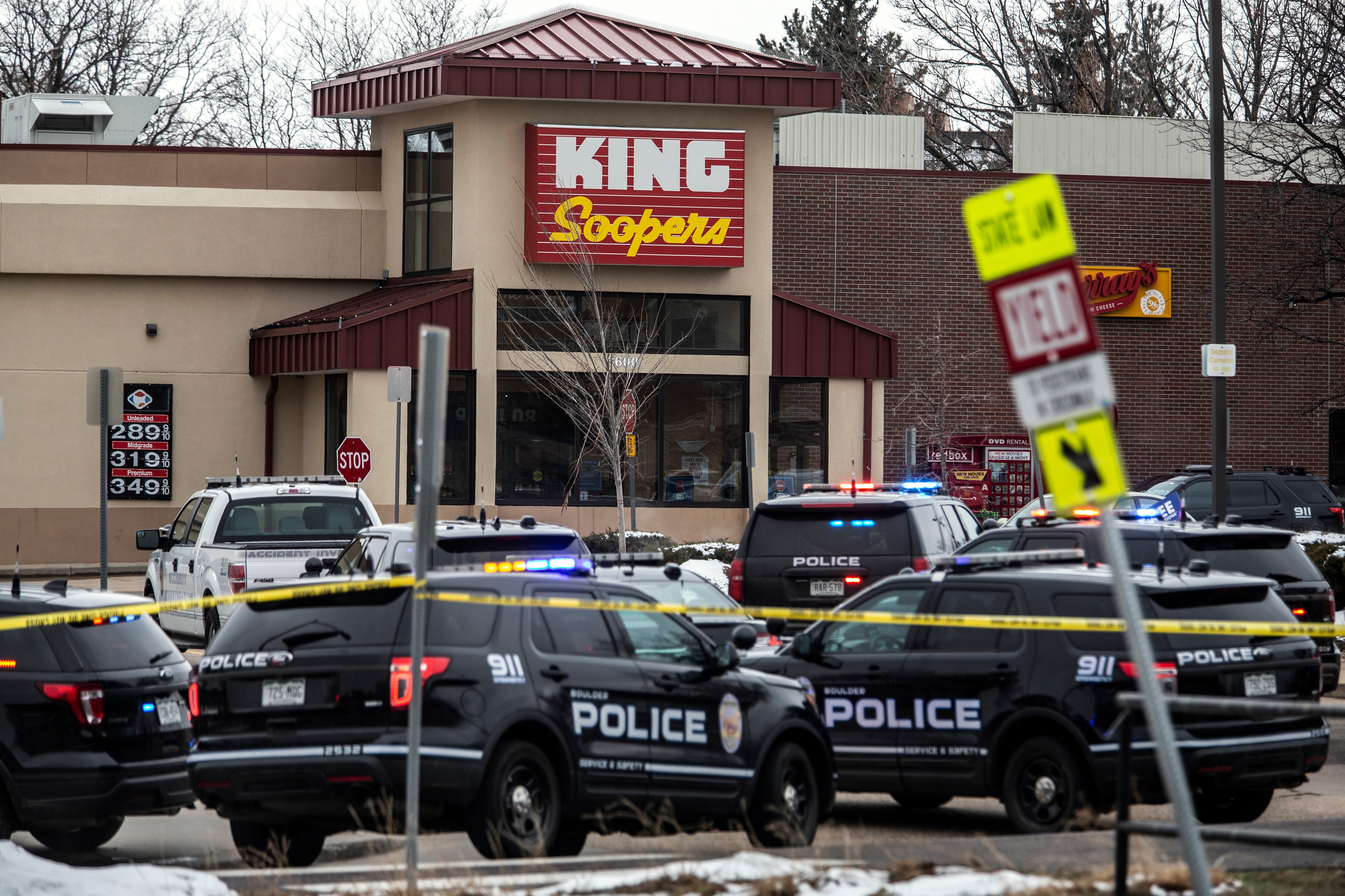 Police respond at a King Sooper's grocery store where a gunman opened fire on March 22, 2021 in Boulder, Colorado