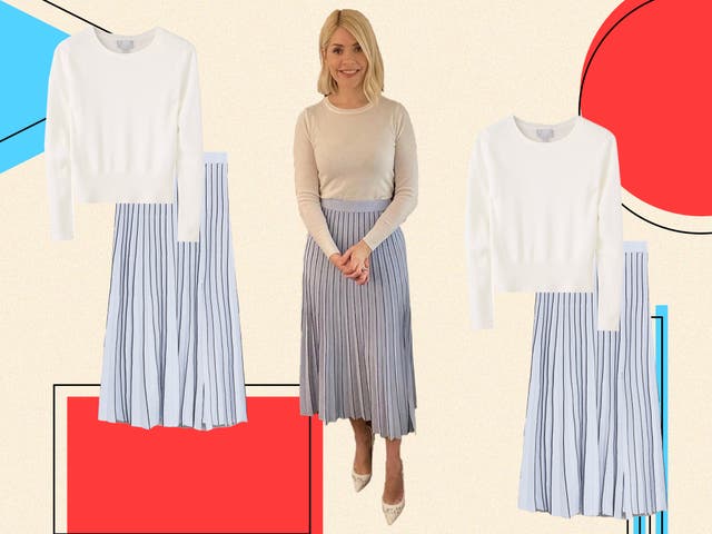 <p>Holly’s turned to Spanish brand Mango for today’s summery skirt</p>