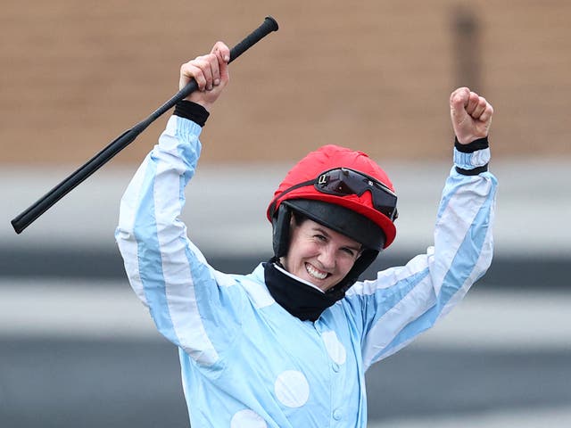 Rachael Blackmore celebrates after riding Telmesomethinggirl to victory