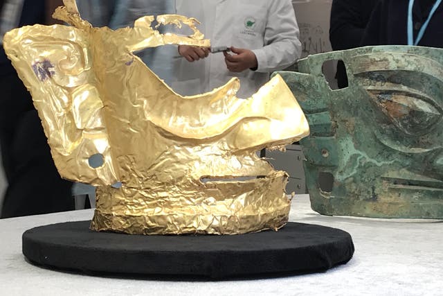 <p>The gold mask has been found along with 500 relics dating back about 3,000 years, unearthed at the renowned Sanxingdui Ruins site </p>