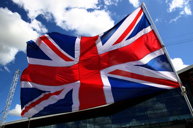 A union jack flag is seen on the gird prior to the F1 Grand Prix of Great Britain at Silverstone on 2 August, 2020 in Northampton, England. The BBC says it has spoken to two hosts over an incident involving a union jack flag.