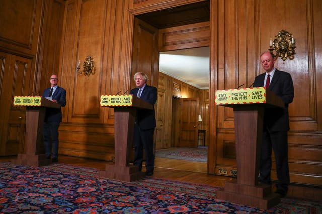 <p>Boys’ club: Boris Johnson flanked by Patrick Vallance, left, and Chris Whitty</p>