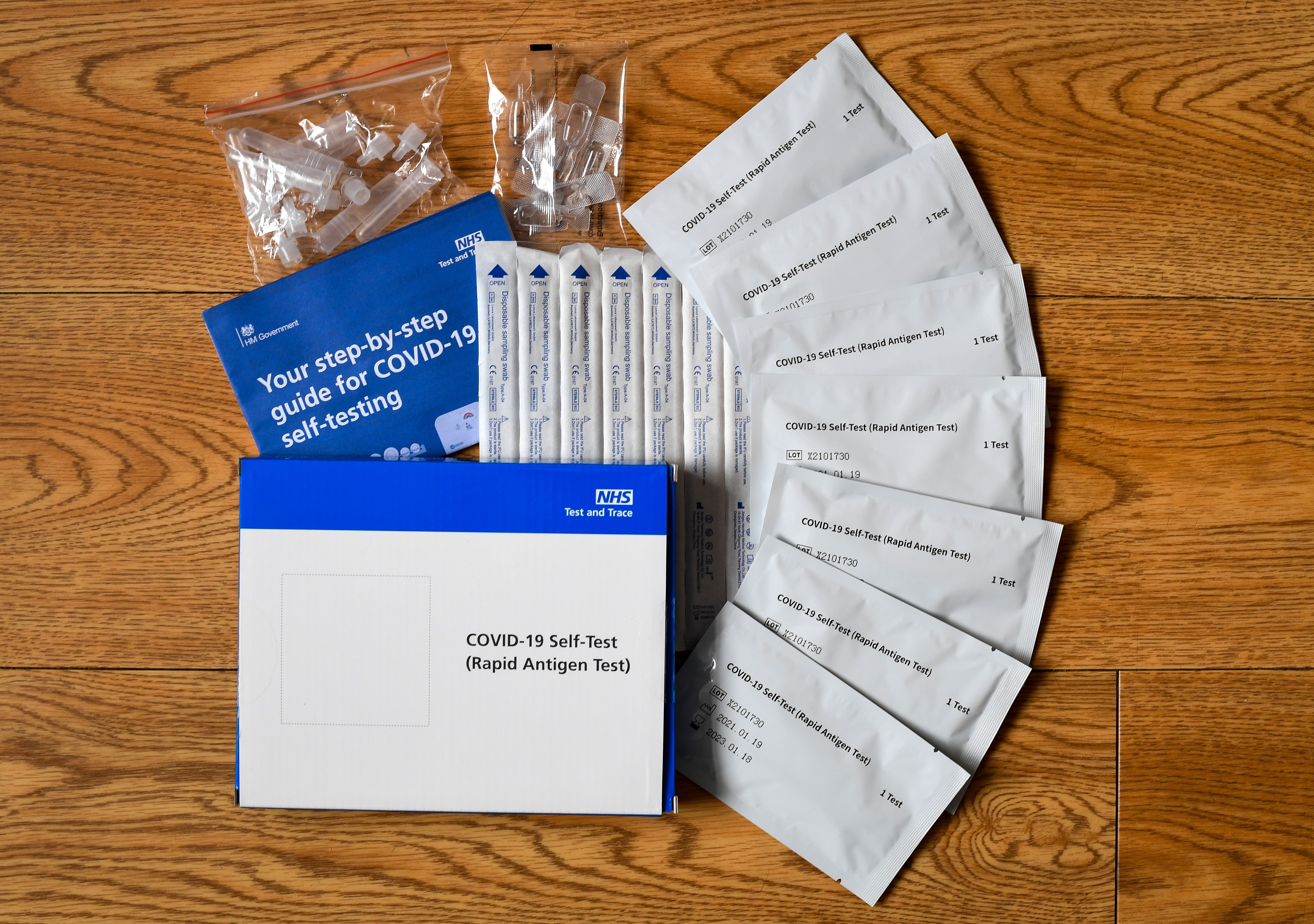 An NHS step-by-step Covid-19 Lateral Flow home test and trace kit