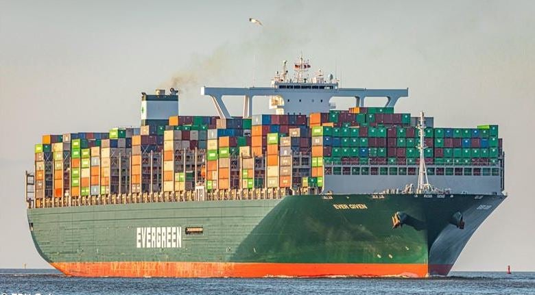 The giant ship Ever Given, now stuck in the Suez Canal en route from China to Rotterdam