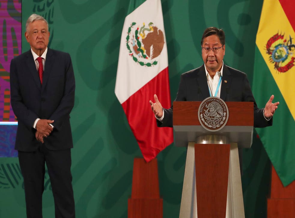 <p>El presidente boliviano Luis Arce habla durante la conferencia de prensa diaria de su homólogo mexicano Andrés Manuel López Obrador.</p>