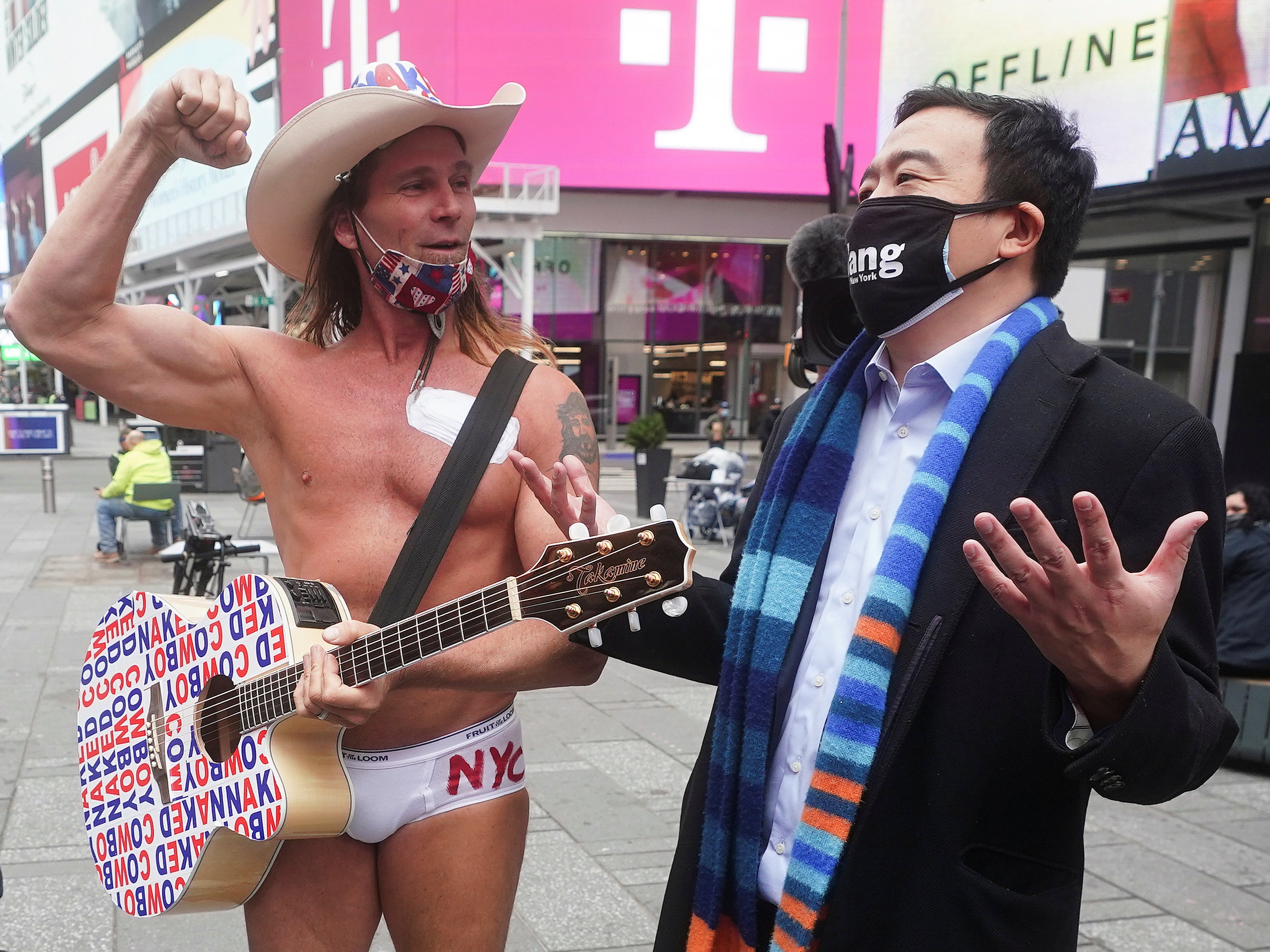 Robert Burck, better known as the "Naked Cowboy" officially gives his endorsement to candidate for New York City Mayor Andrew Yang