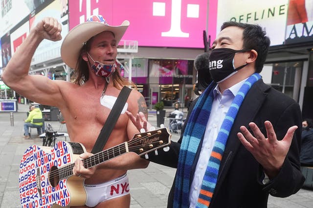 Robert Burck, better known as the "Naked Cowboy" officially gives his endorsement to candidate for New York City Mayor Andrew Yang