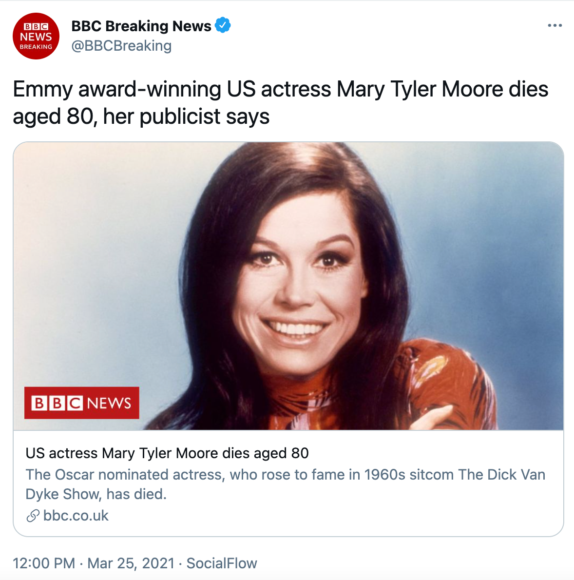 The breaking news report of Moore’s death, which was published by the BBC on 25 March, 2021