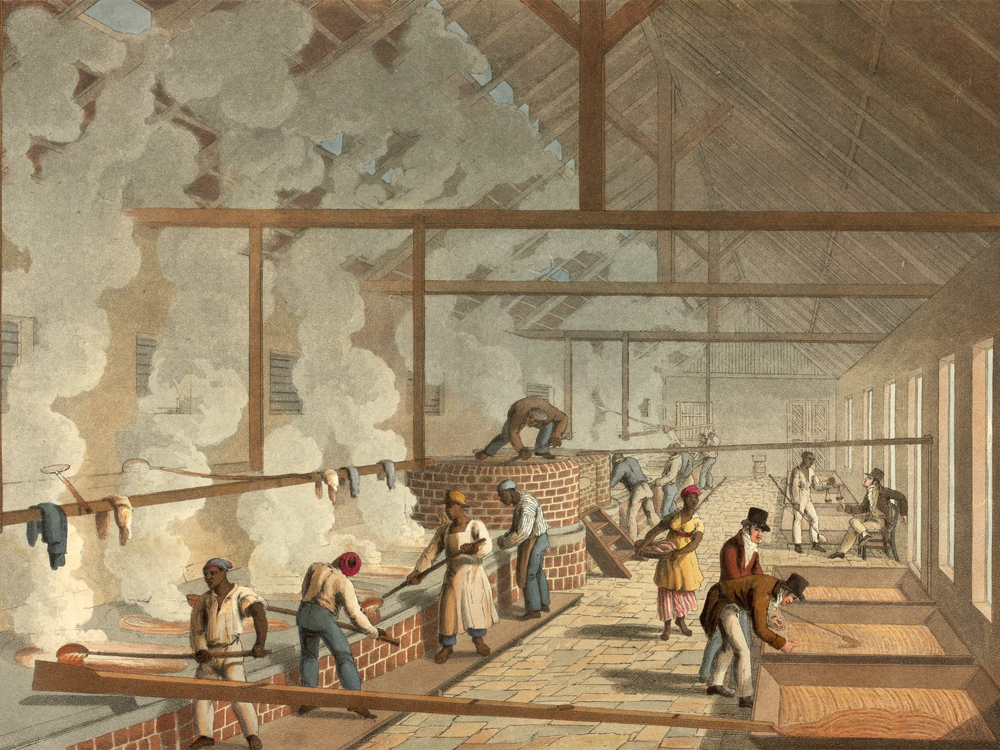 Clark’s 1832 ‘Interior of a boiling house’ shows the destination of the cane juice, where it is heated in large vats until sugar forms