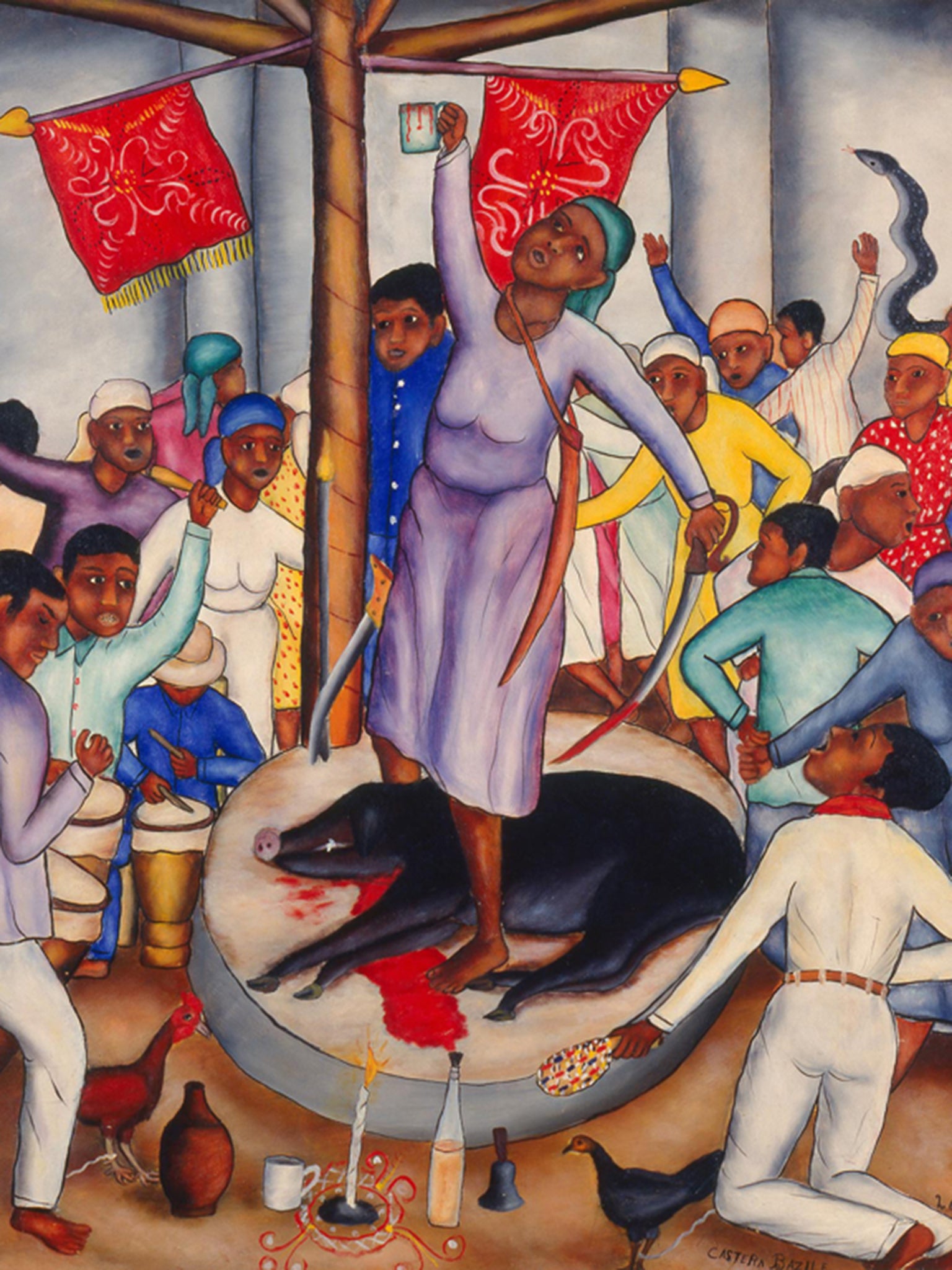 A painting of a Bois Caiman ceremony in Haiti by Castera Bazile from 1950