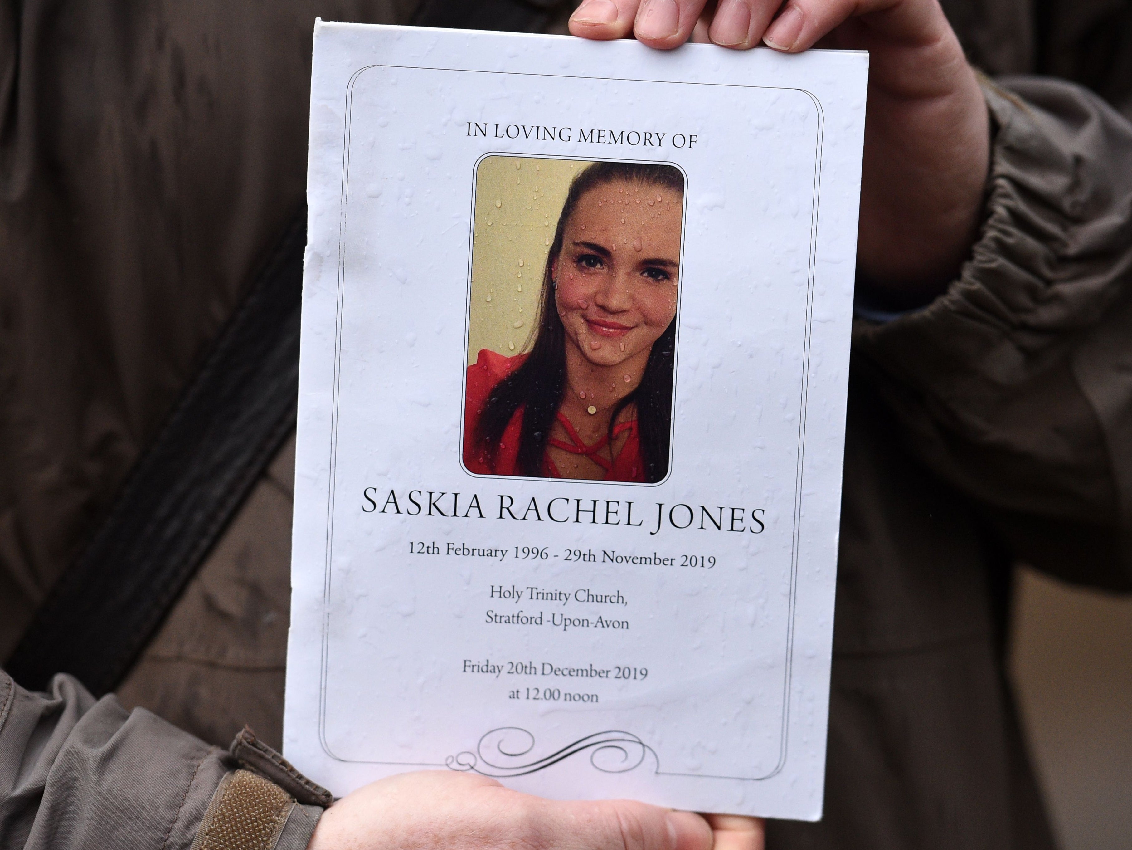 The order of service is pictured for the memorial of Saskia Jones on December 20, 2019