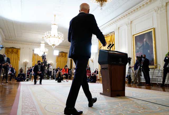 <p>President Joe Biden arrives to speak during a news conference in the East Room of the White House, Thursday, March 25, 2021, in Washington. </p>