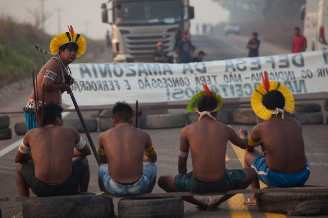 <p>Miembros del bloque indígena Kayapo de la carretera BR163 durante una protesta en las afueras de Novo Progresso en el estado de Pará, Brasil, el 20 de agosto de 2020 en medio de la pandemia del nuevo coronavirus COVID-19. - El grupo ha mantenido la carretera cerrada desde el lunes para protestar contra la falta de apoyo del gobierno durante la pandemia de COVID-19 y la deforestación ilegal en y alrededor de sus territorios. </p>