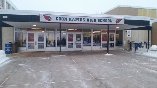 The front entrance of Coon Rapids High School during the winter of 2015. 