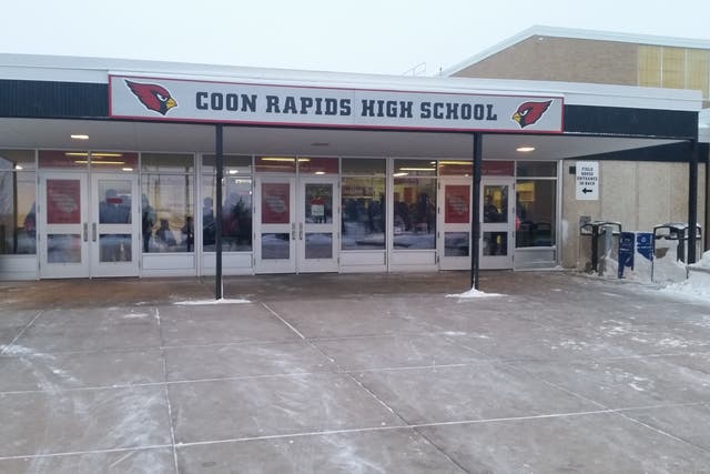 The front entrance of Coon Rapids High School during the winter of 2015. 
